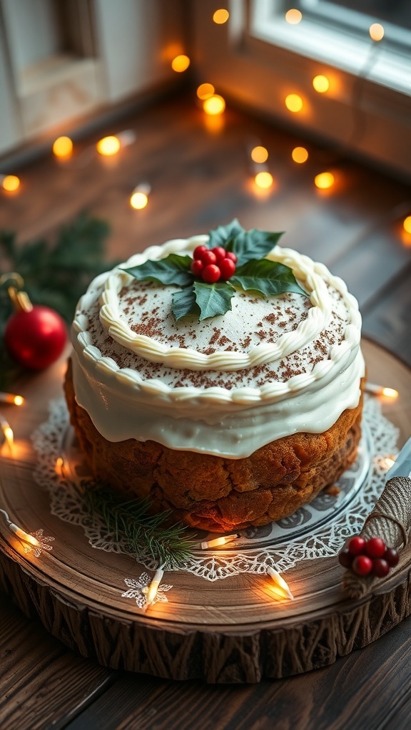 A traditional Christmas fruit cake decorated with icing and holly, on a wooden table with holiday decorations.